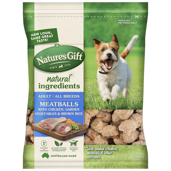 Nature’s Gift | Meatballs with Chicken, Brown Rice & Garden Vegetables | Chilled dog food | Front of pack