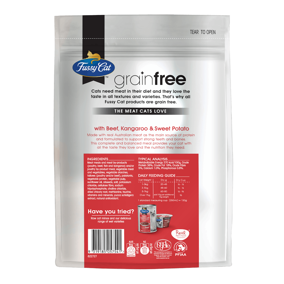 Fussy Cat | Beef and Kangaroo with Sweet Potato | Dry cat food | Back of pack