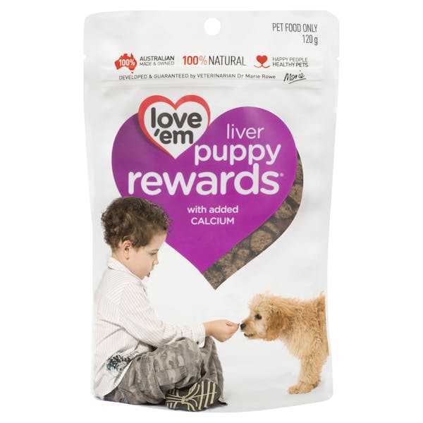 Love'em | liver puppy rewards with added calcium | Train dog | Front of pack