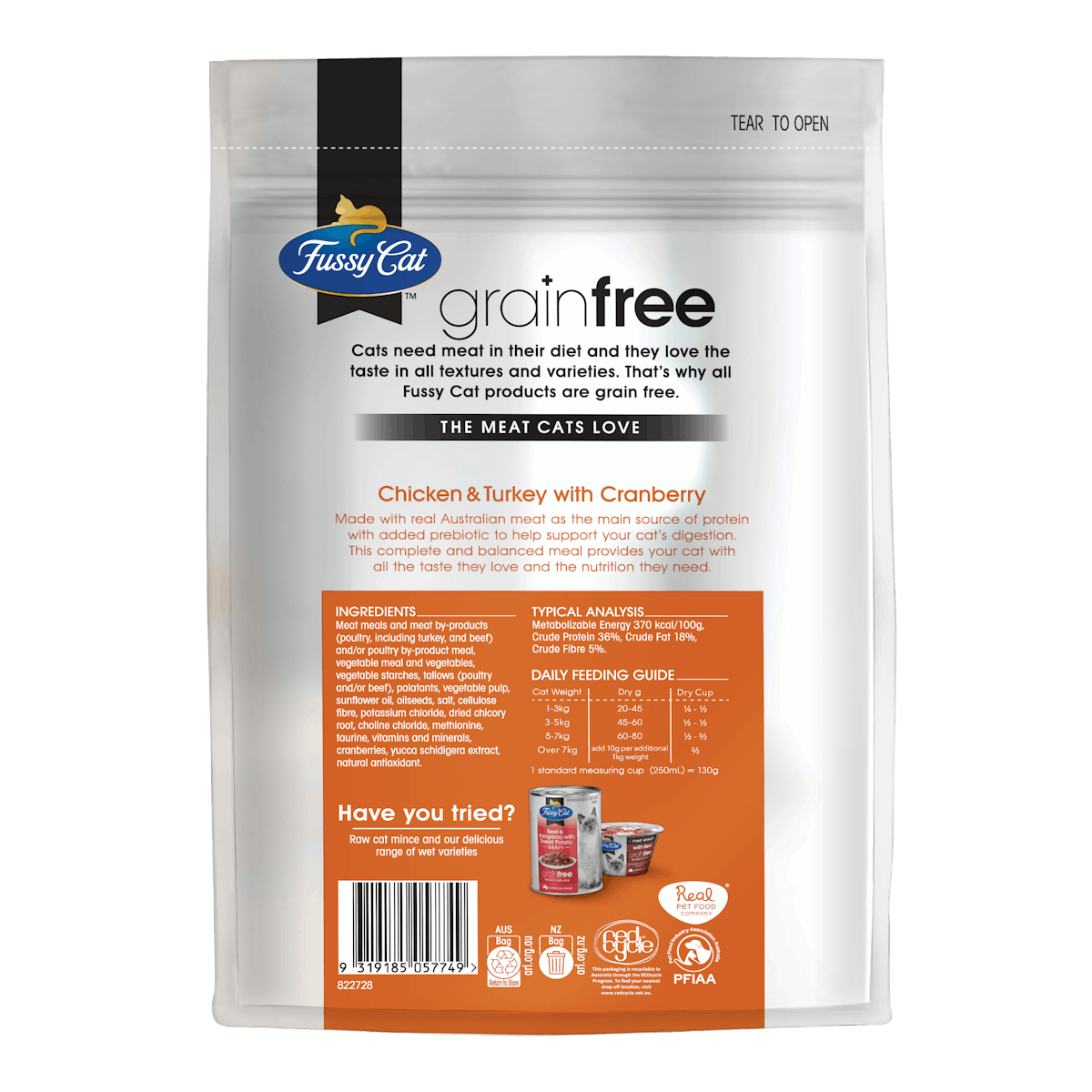 Fussy Cat | Chicken & Turkey with Cranberry | Dry cat food | Back of pack