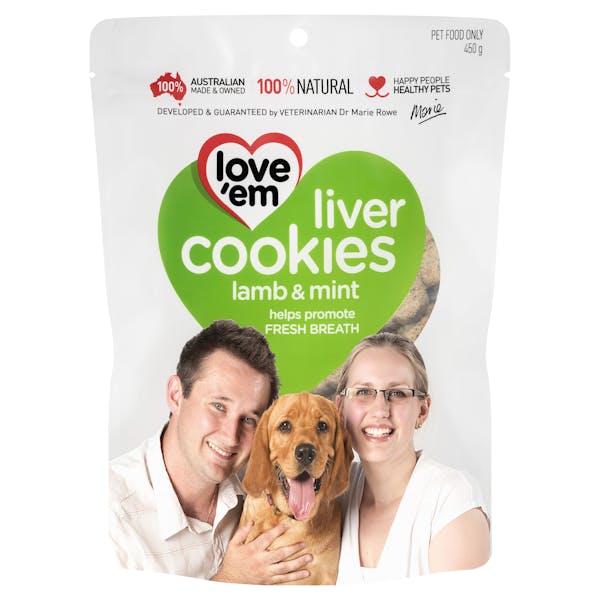 Love'em | liver cookies lamb & mint | Indulge dog | Front of pack