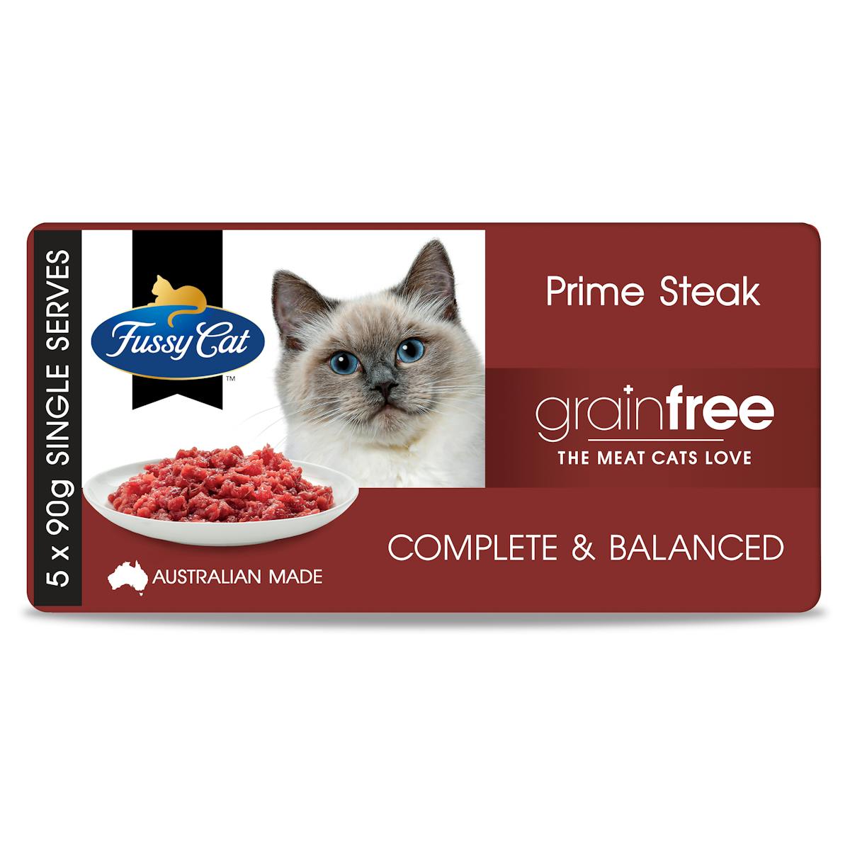 Fussy Cat | Prime Steak Mince 5 x 90g | Chilled cat food | Front of pack