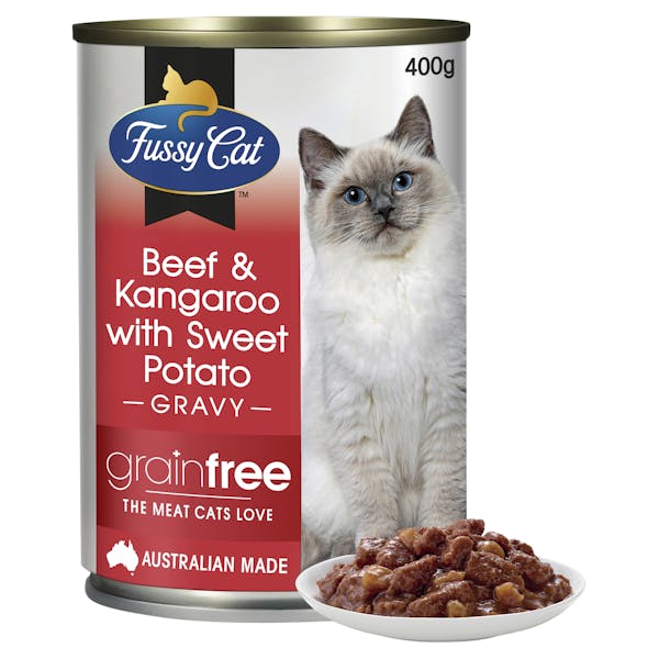 Fussy Cat | Beef & Kangaroo with Sweet Potato 400g | Wet Cat Food | Front of pack