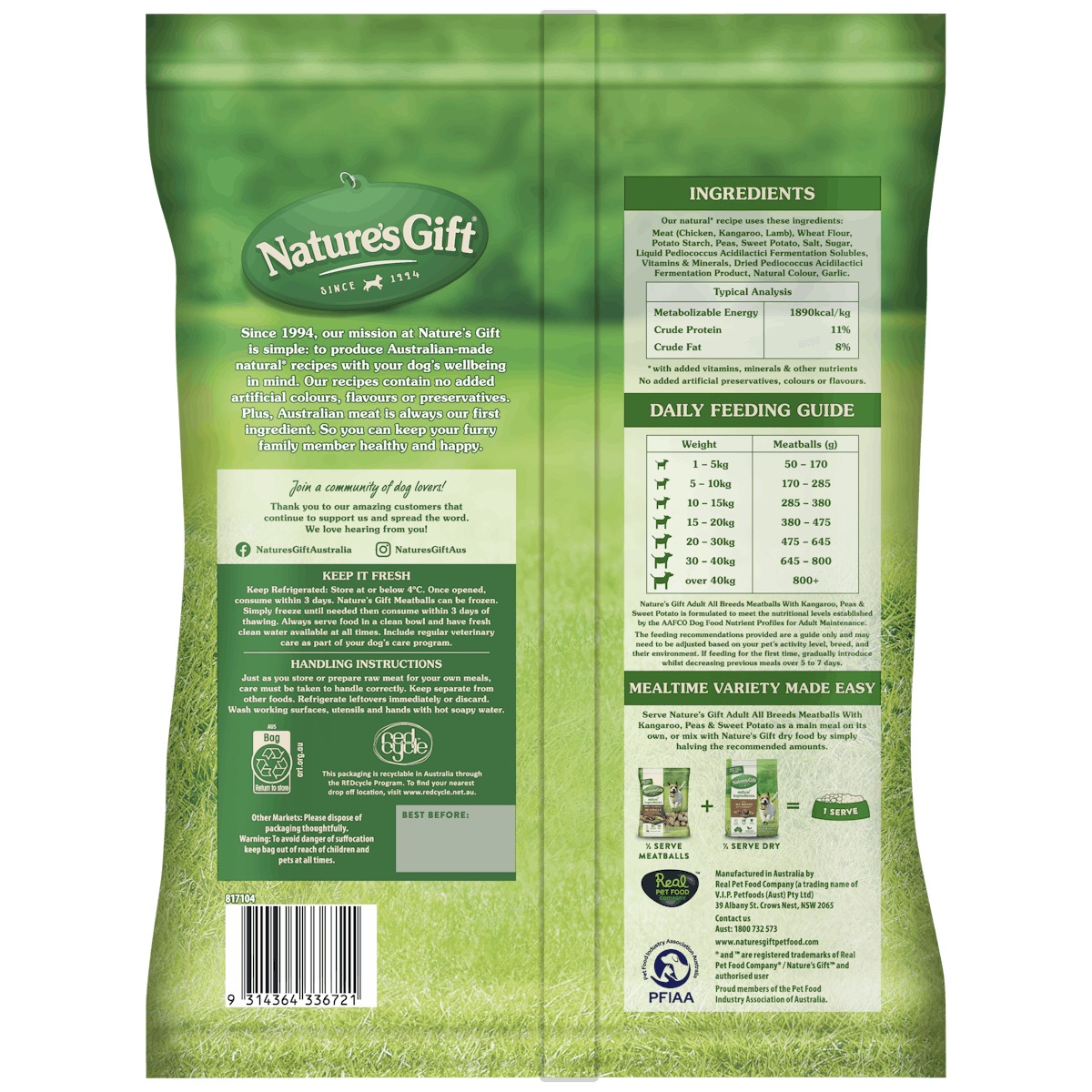 Nature’s Gift | Meatballs with Kangaroo, Sweet Potato & Peas | Chilled dog food | Front of pack