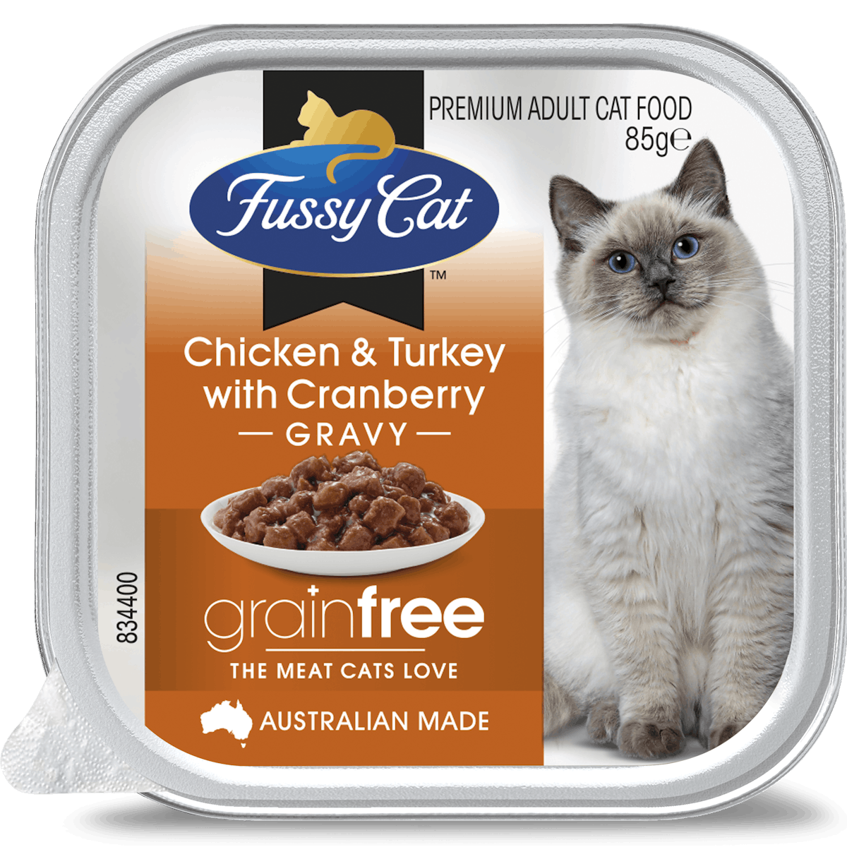 Fussy Cat | Chicken and Turkey with Cranberry 85g | Wet Cat Food | Left of pack